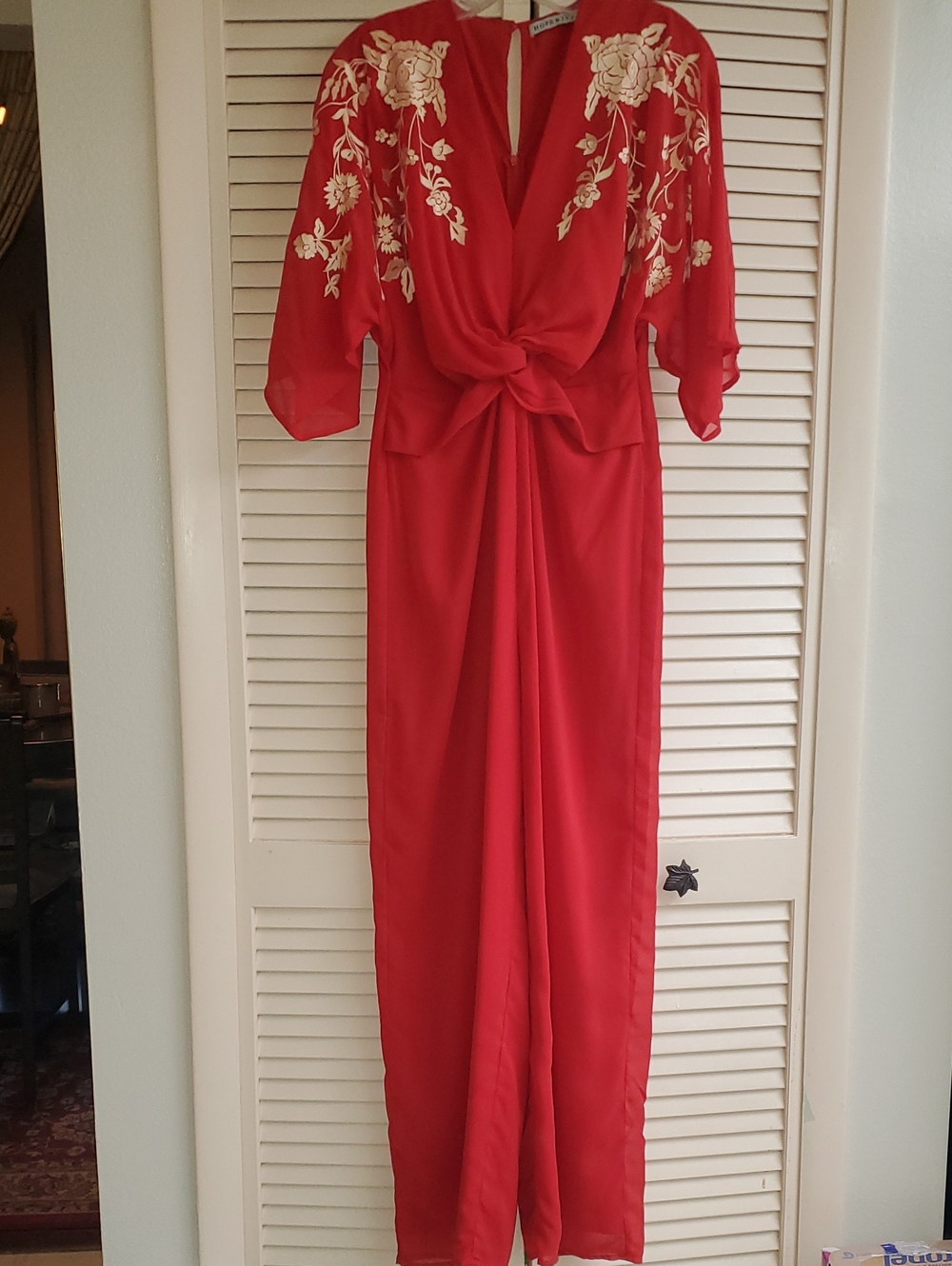 Red Jumpsuit with Golden Cream Floral Embroidery
